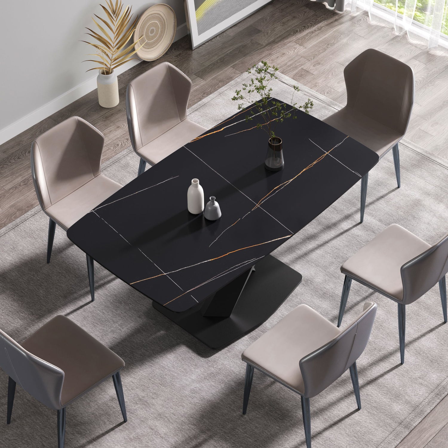 63&quot; Artificial Stone Black Curved Black Metal Leg Dining Table - Black