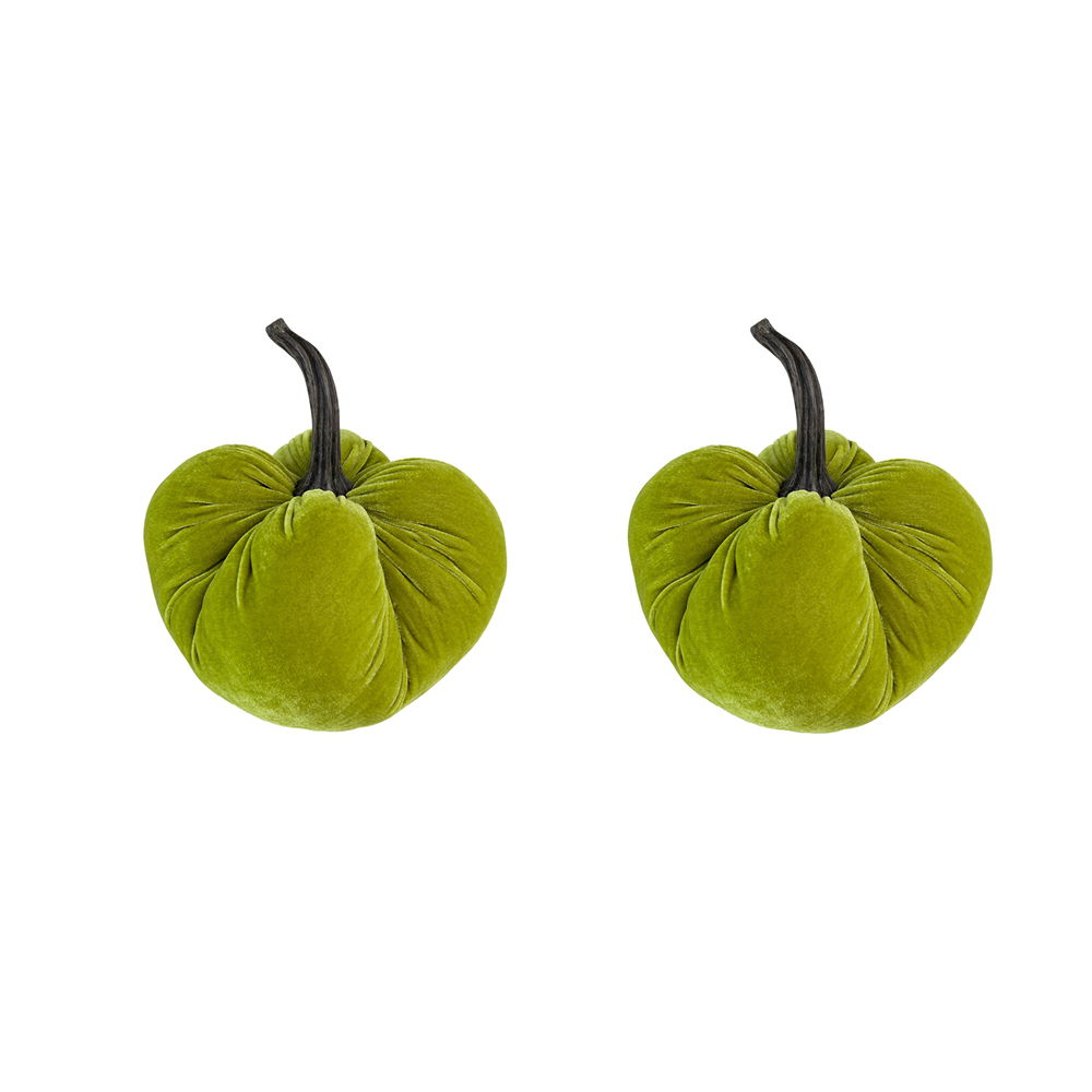 Velvet Weighted Pumpkin With Resin Stem Apple, Pumpkin Ornament Decor For Holiday Harvest Festival Fall Festival &amp; Thanksgiving (Set of 2) - Green