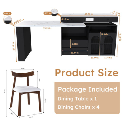 Retro Kitchen Island Set With Chairs, Extendable &amp; Rotating Table, 4 Drawers &amp; Door Cabinets