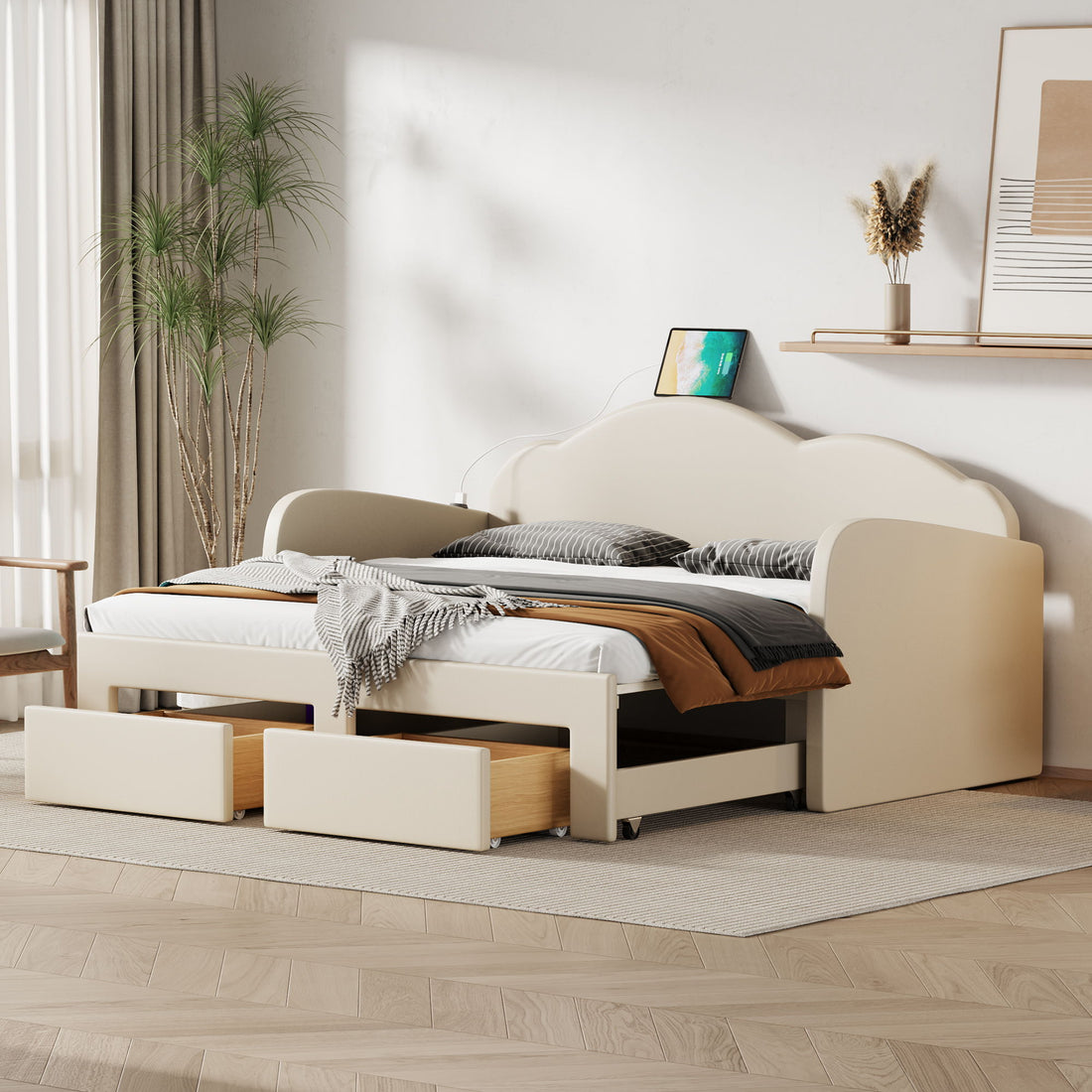 Upholstered Daybed With Cloud-Shaped Backrest, Trundle &amp; 2 Drawers And USB Ports