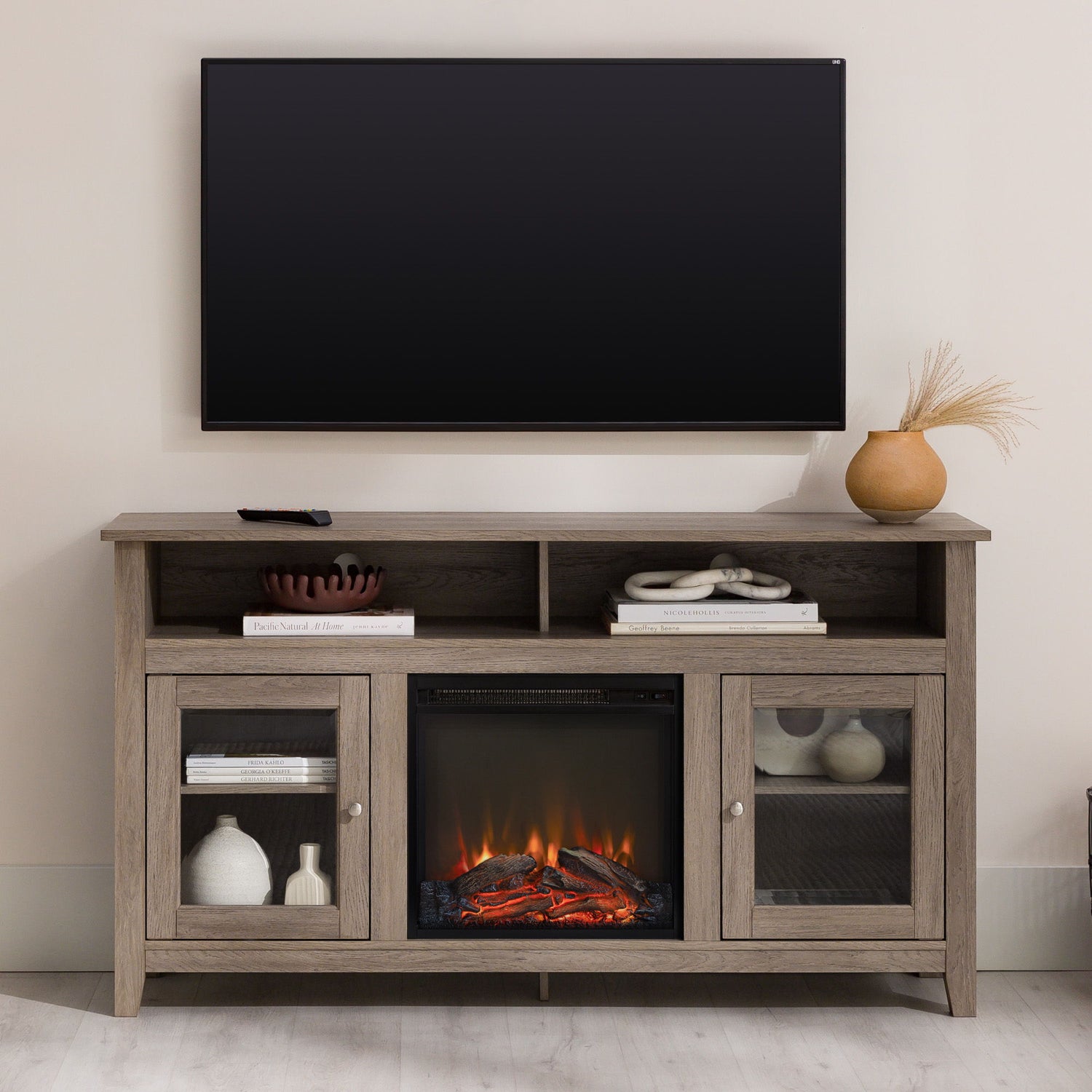 Classic Glass Door Fireplace Tall TV Stand For TVs Up To 65&quot;