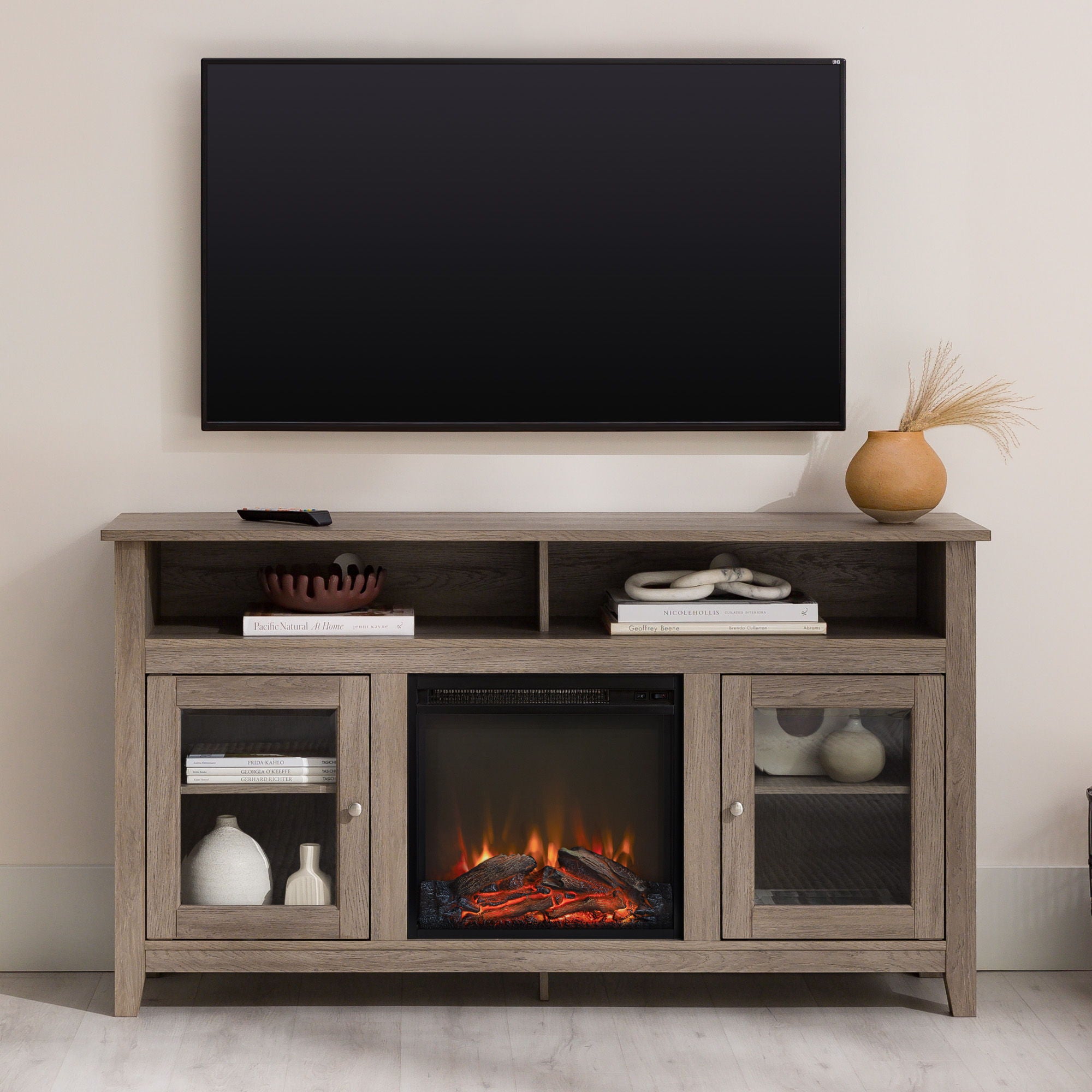 Classic Glass Door Fireplace Tall TV Stand For TVs Up To 65&quot;