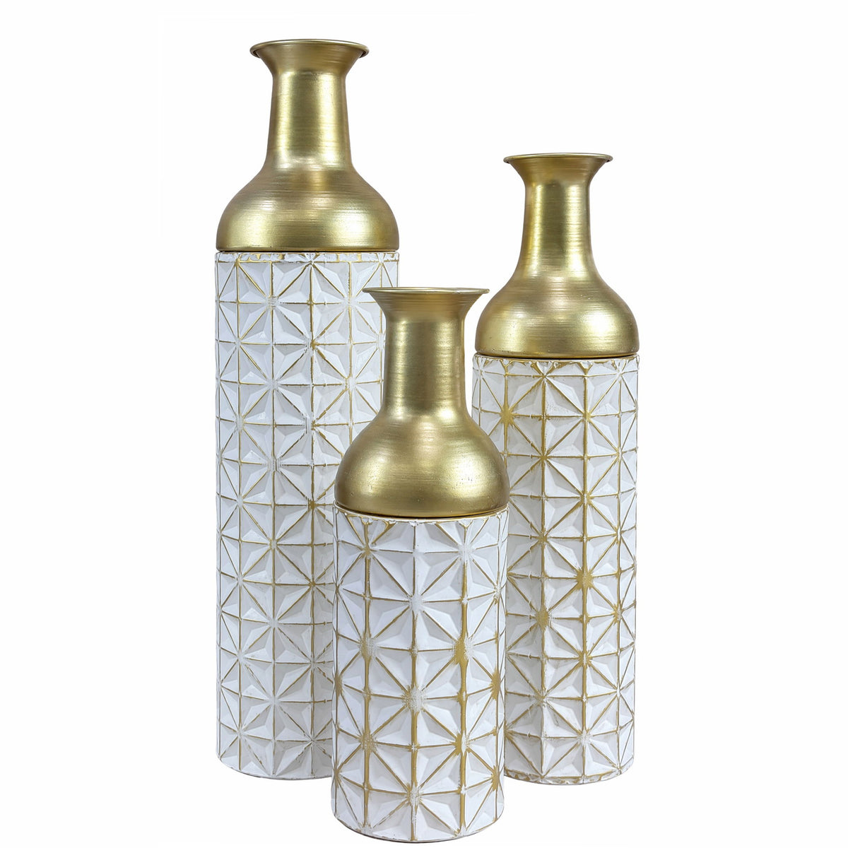 Tall Textured Geometric Decorative Floor Vases Home Decor (Set of 3) - White / Gold