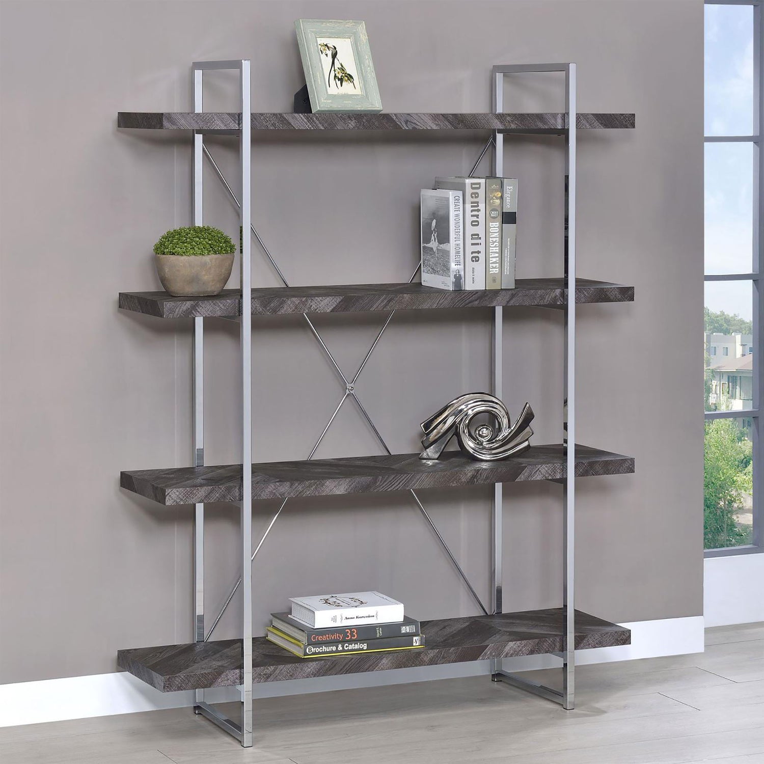 Herringbone - Bookcase With Full Length Shelf - Gray