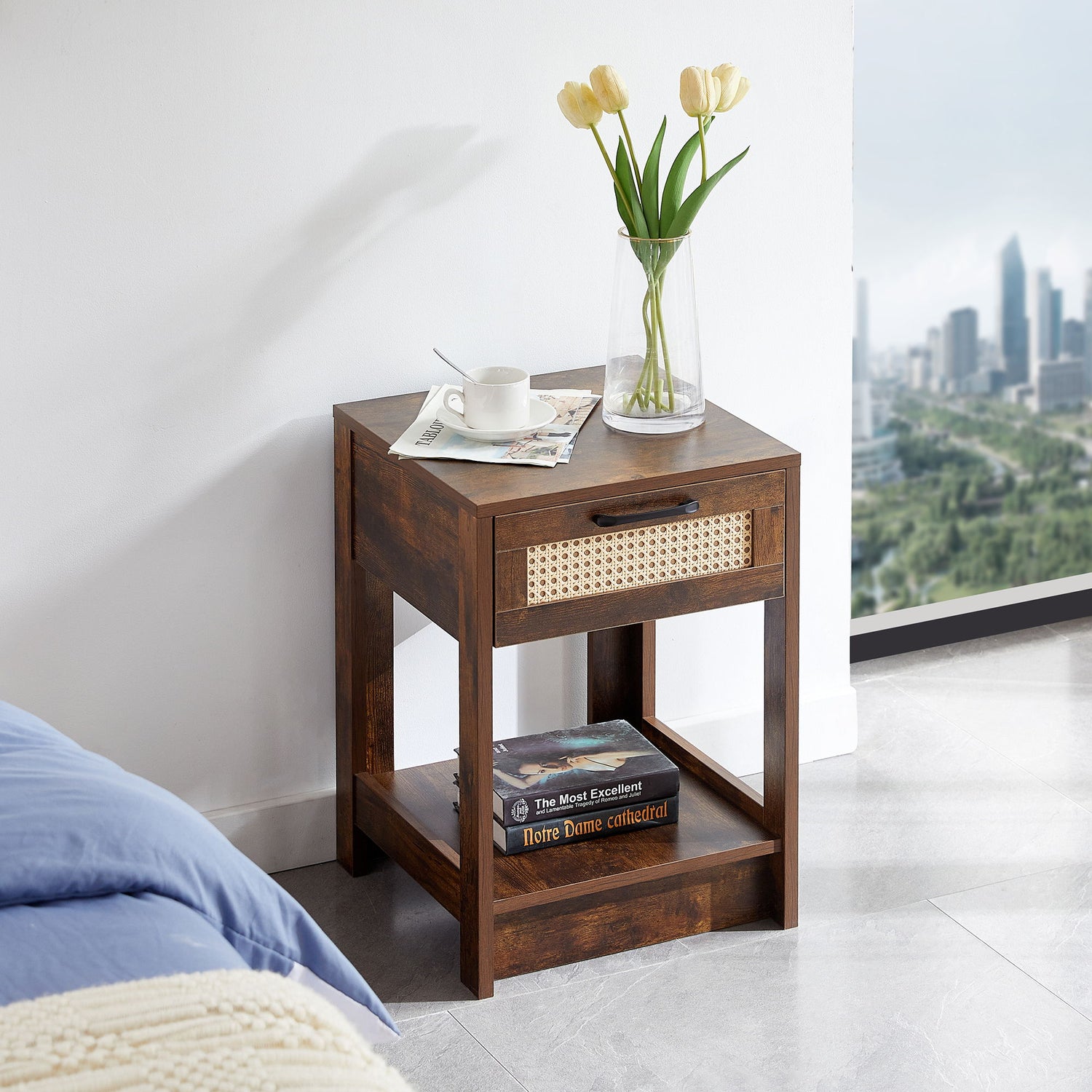15.75&quot; Rattan End Table With Drawer, Modern Nightstand, Side Table For Living Room, Bedroom