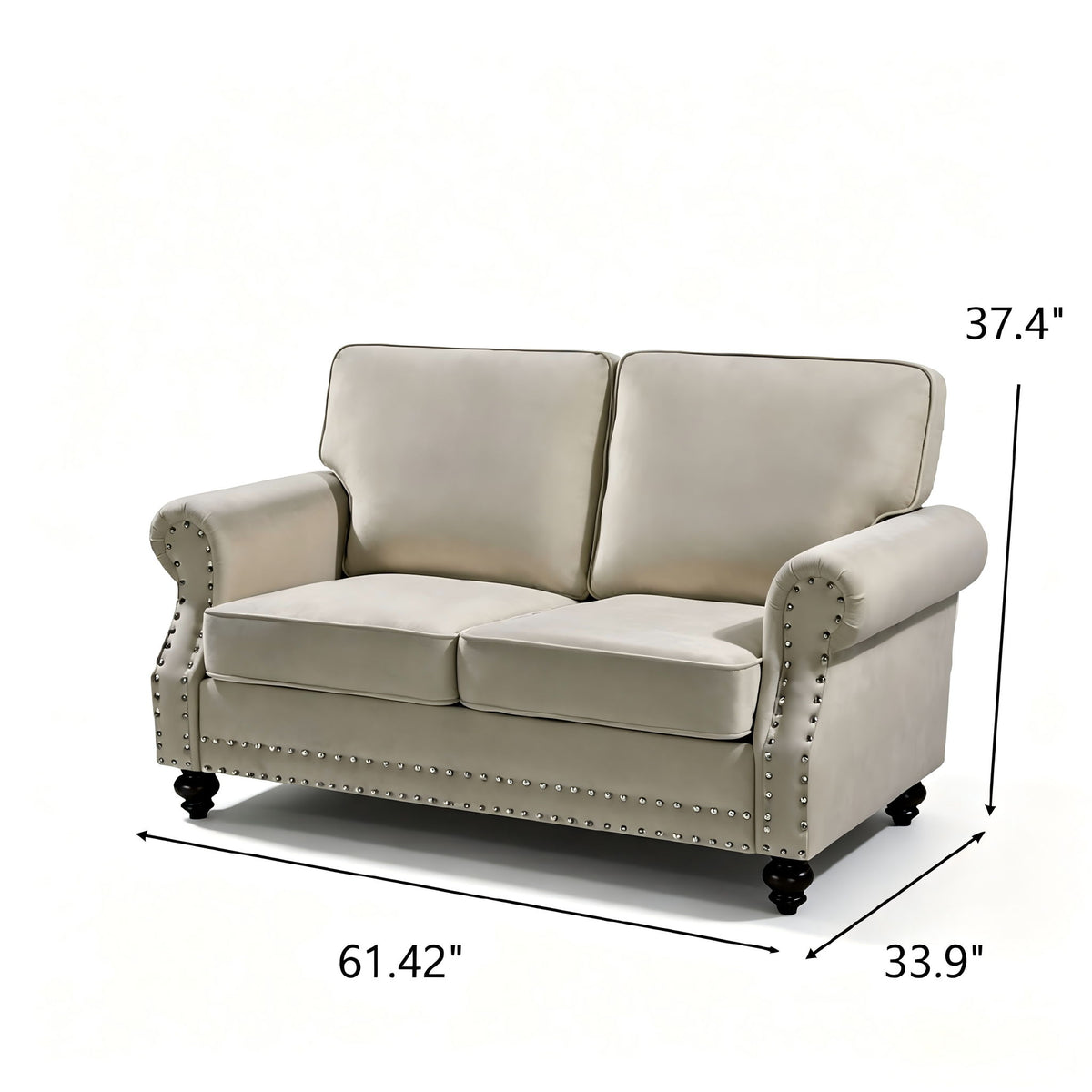 Loveseat Sofa With Nailhead Detail &amp; Turned Legs, 2 Seater Upholstered Couch
