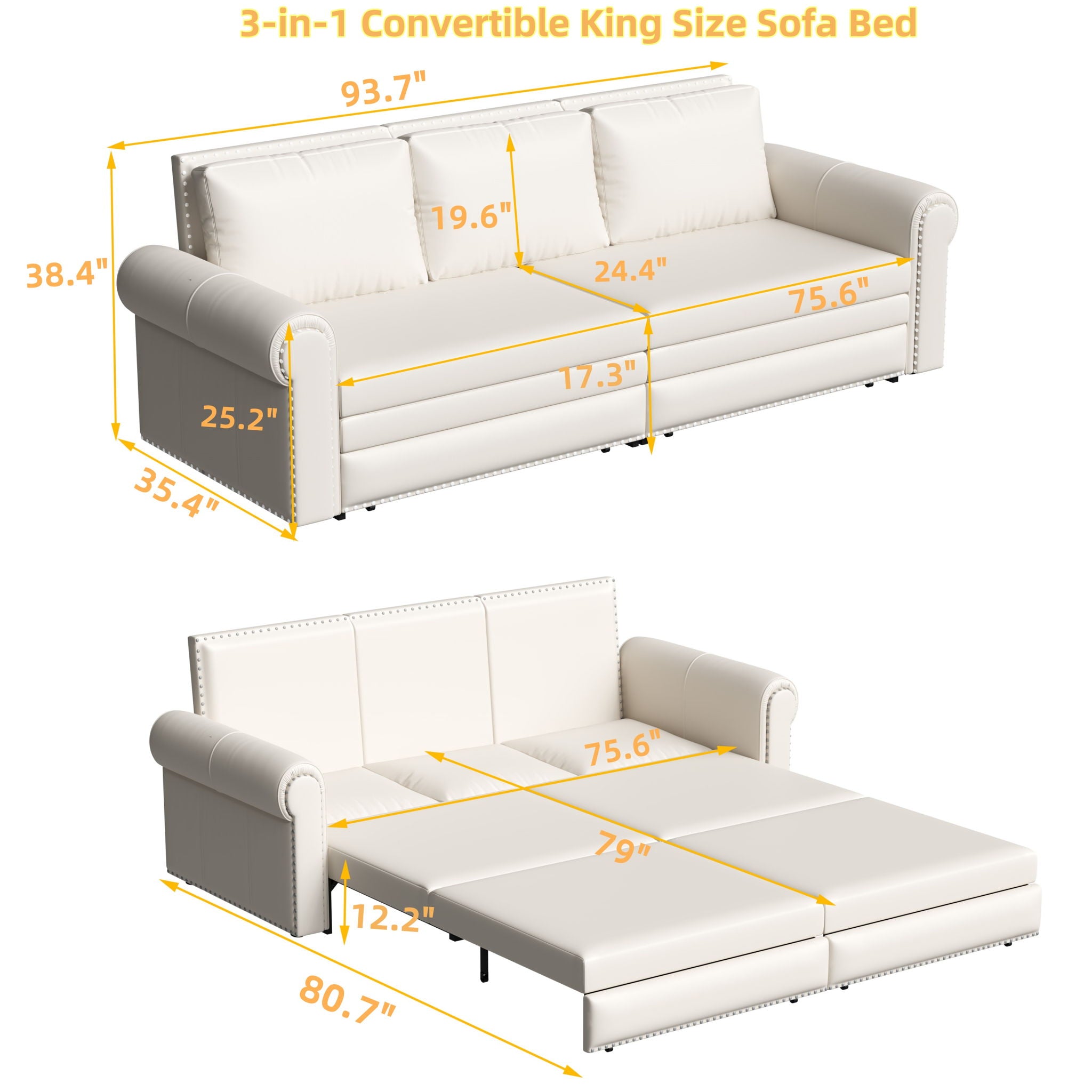 3 In 1 Convertible Sleeper Sofa With Nailhead Trim &amp; Rolled Arm