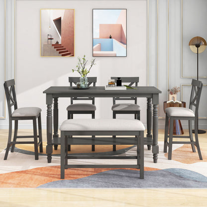 Counter Height Dining Set With Shelf, 4 Chairs And Bench