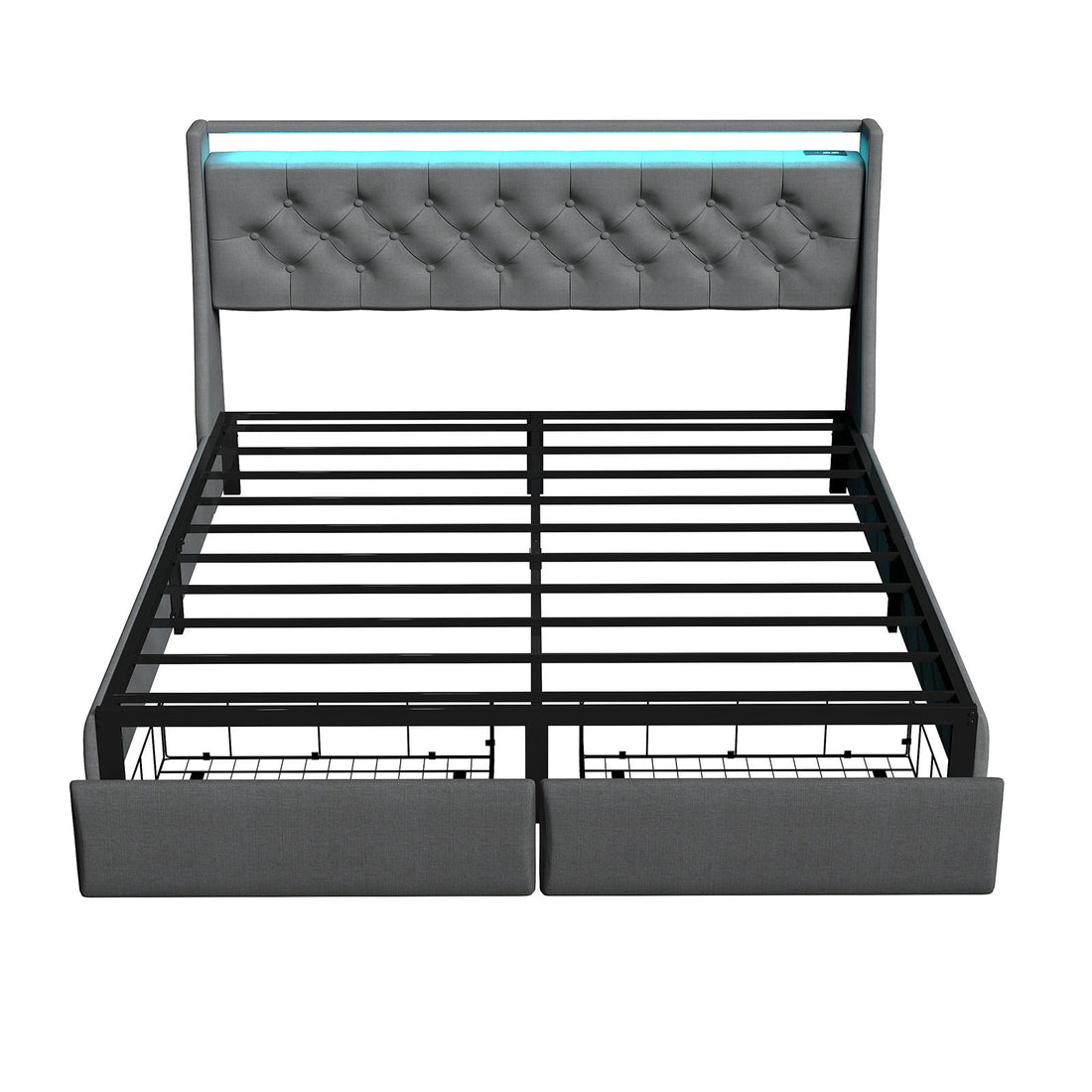 Floating Bed Frame With Rgb LED Light, 2 Storage Drawers &amp; Headboard Shelf
