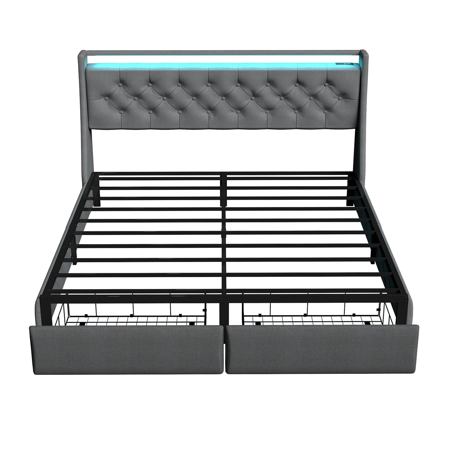 Floating Bed Frame With Rgb LED Light, 2 Storage Drawers &amp; Headboard Shelf