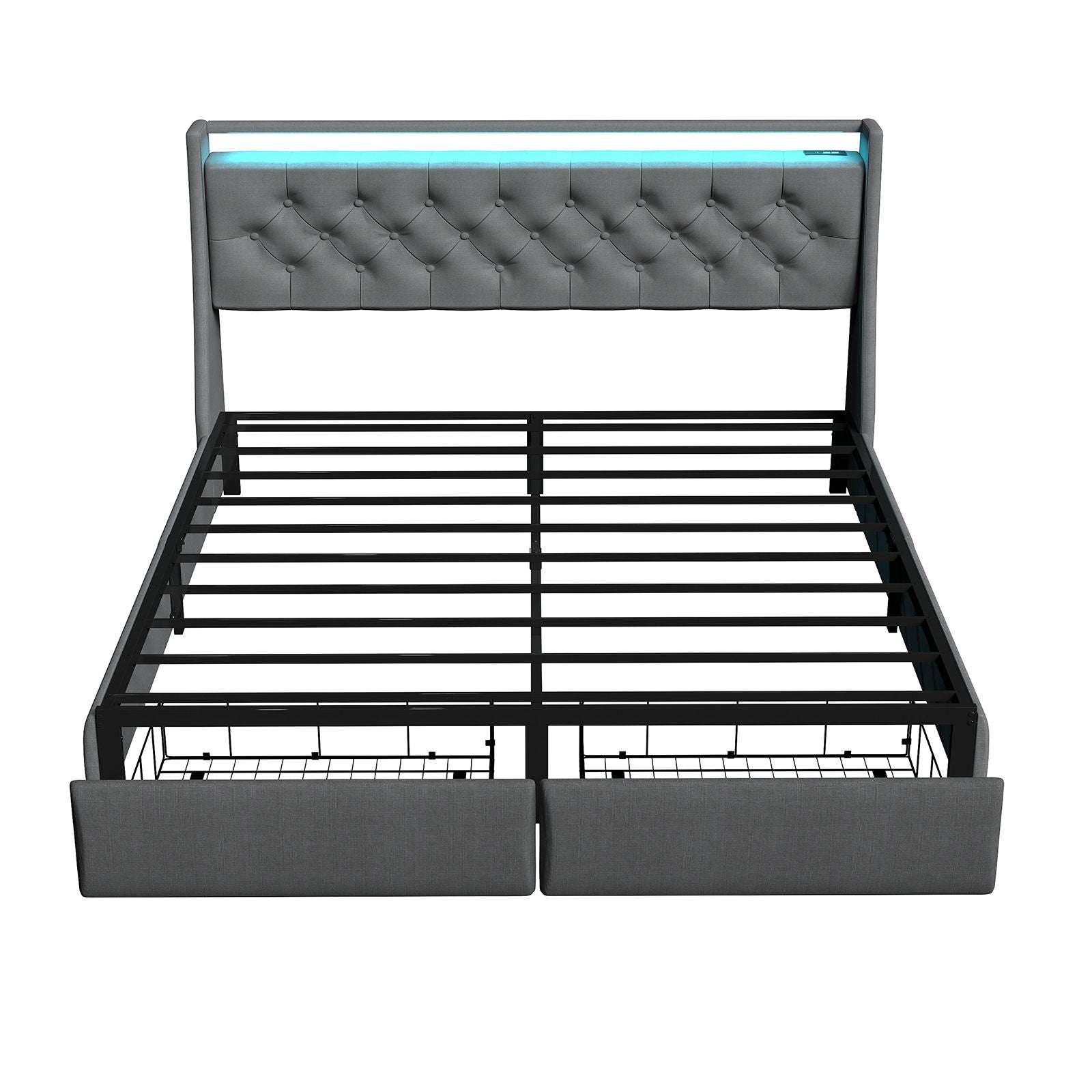 Floating Bed Frame With Rgb LED Light, 2 Storage Drawers &amp; Headboard Shelf