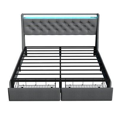 Floating Bed Frame With Rgb LED Light, 2 Storage Drawers &amp; Headboard Shelf
