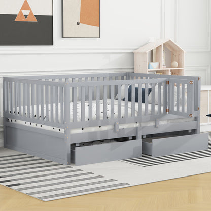 Daybed With Fence Guardrails And 2 Drawers, Split Into Independent Floor Bed &amp; Daybed