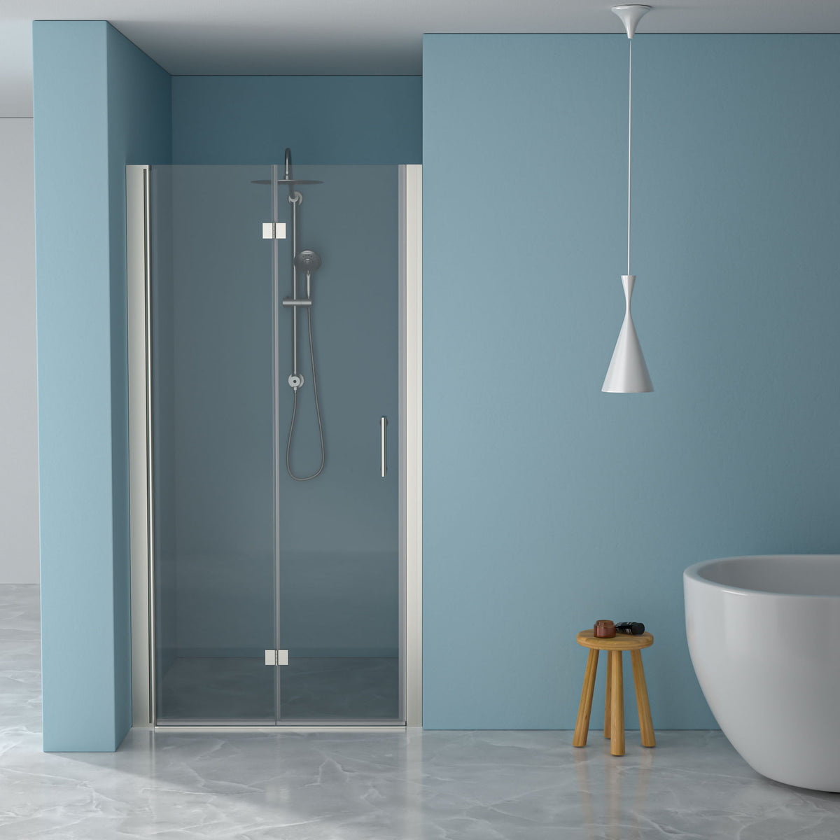 Fold Frameless Shower Door &amp; Tempered Glass - Brushed Silver