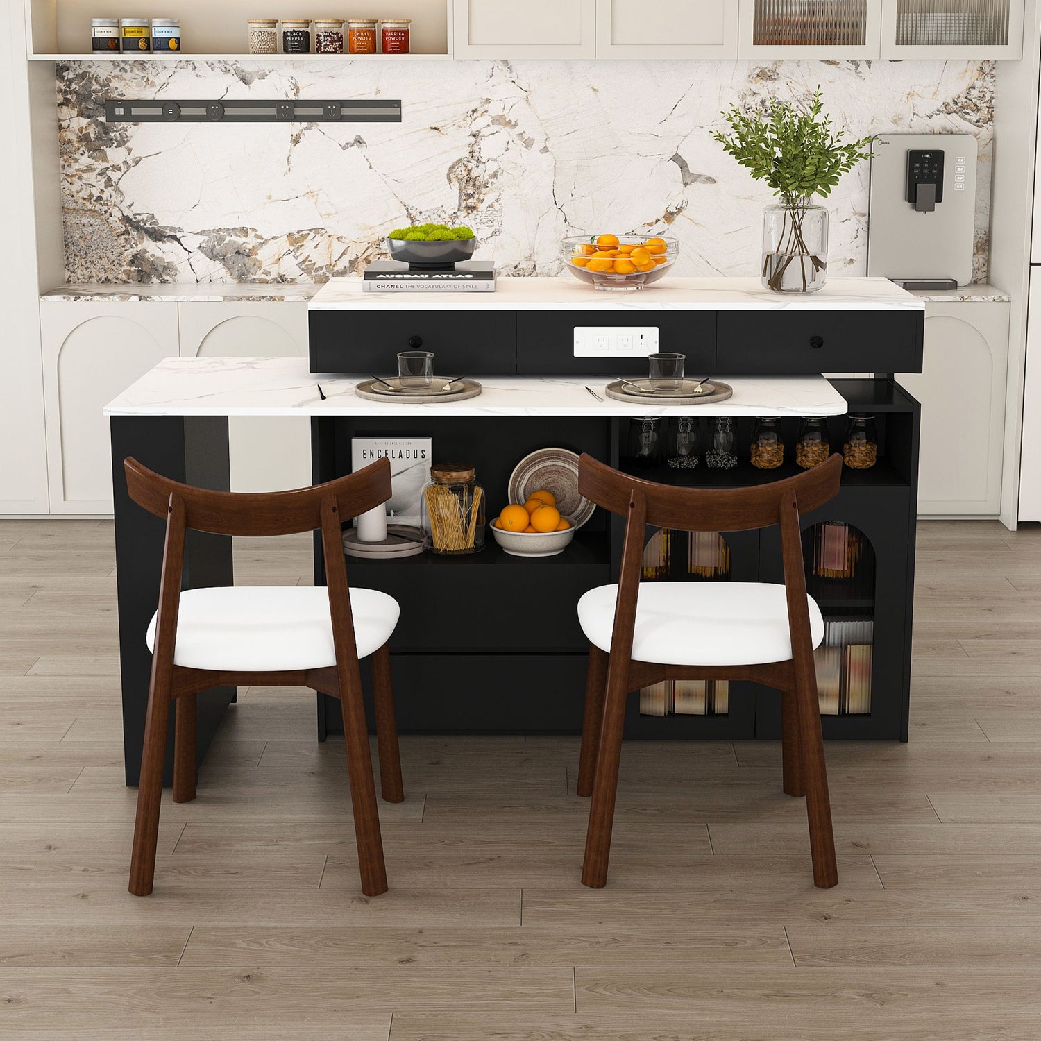 Retro Kitchen Island Set With Chairs, Extendable &amp; Rotating Table, 4 Drawers &amp; Door Cabinets