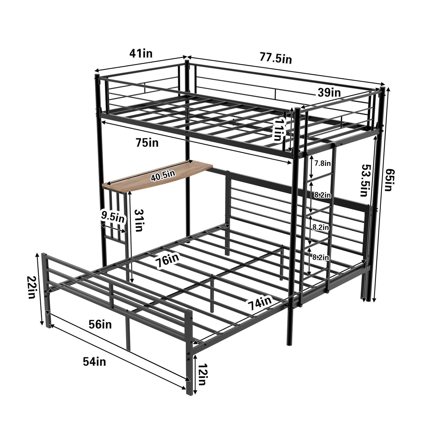 Bunk Bed With Built In Desk &amp; Guardrail Frame