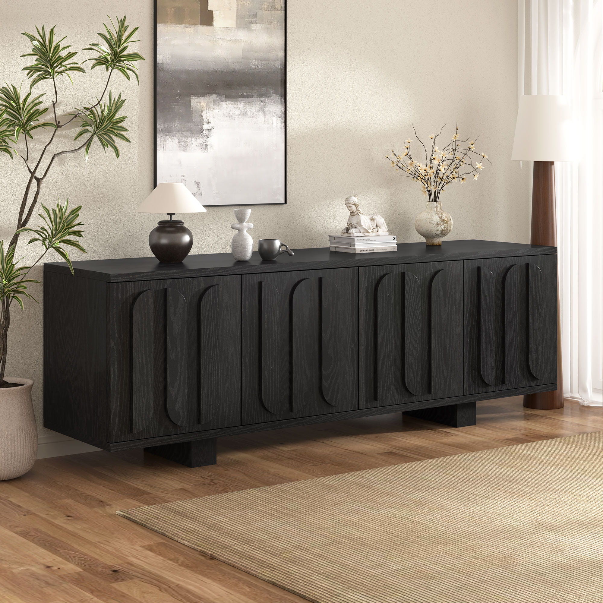 Farmhouse TV Stand, Storage Media Console With Adjustable Shelves &amp; 3 Cable Holes