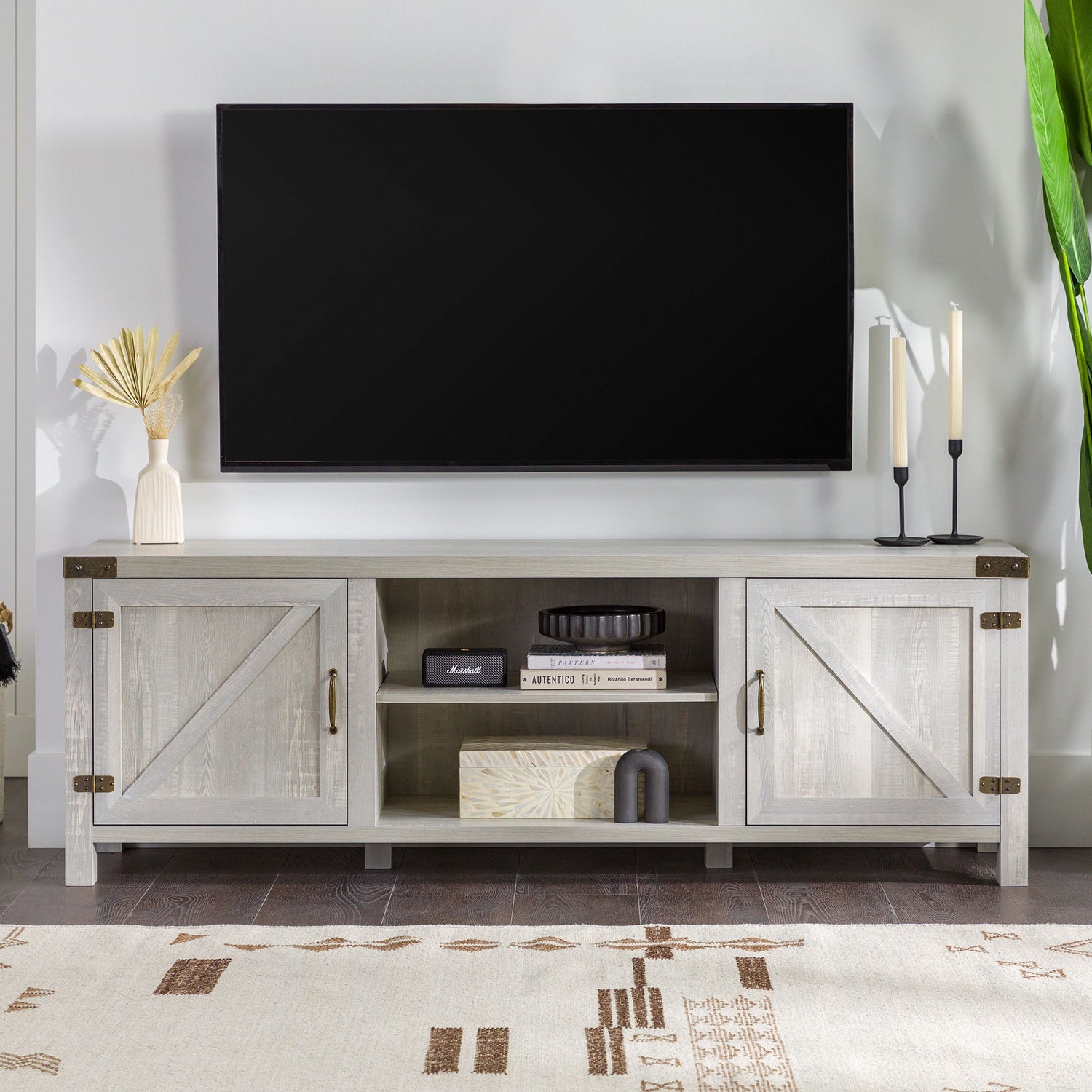 Rustic Farmhouse Double Barn Door 70&quot; TV Stand For 80&quot; TVs With Center Shelves