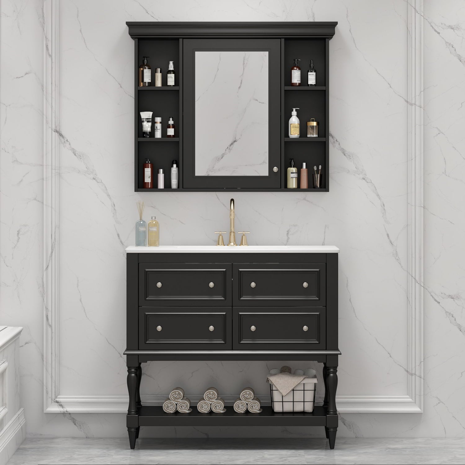 Bathroom Vanity With Medicine Cabinet, Storage Cabinet With 4 Drawers, Adjustable Shelf Mirror
