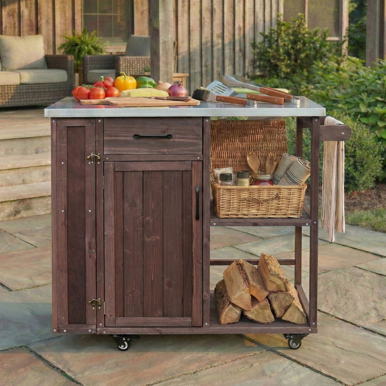 Outdoor Kitchen Island Prep Station With Lockable Wheels, Ample Storage, Towel &amp; Spice Racks