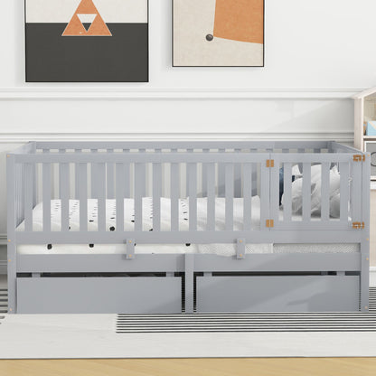Daybed With Fence Guardrails And 2 Drawers, Split Into Independent Floor Bed &amp; Daybed