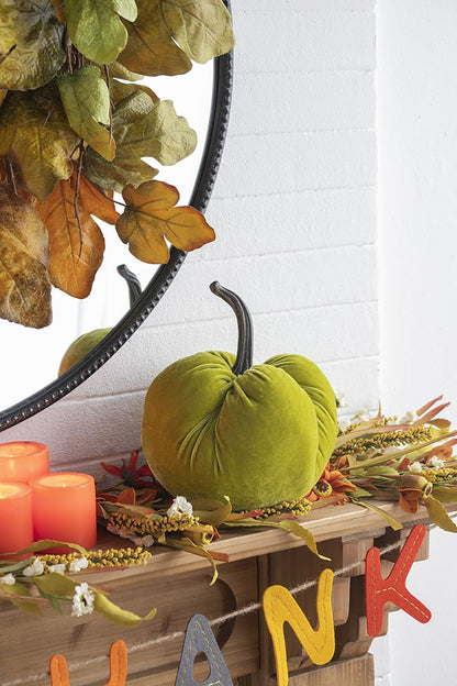 Velvet Weighted Pumpkin With Resin Stem Apple, Pumpkin Ornament Decor For Holiday Harvest Festival Fall Festival &amp; Thanksgiving (Set of 2) - Green