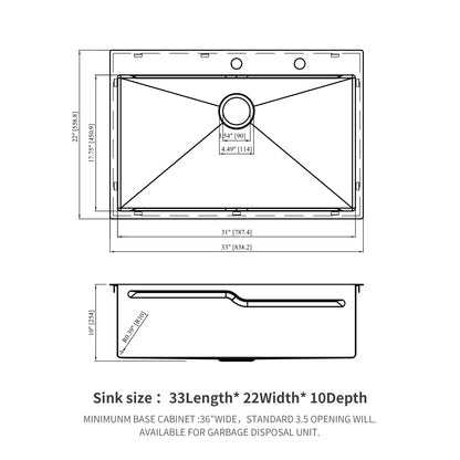 33&quot; Drop In Kitchen Sink With Ledge Workstation, Single Bowl, 16 Gauge Stainless Steel - Black / Gray