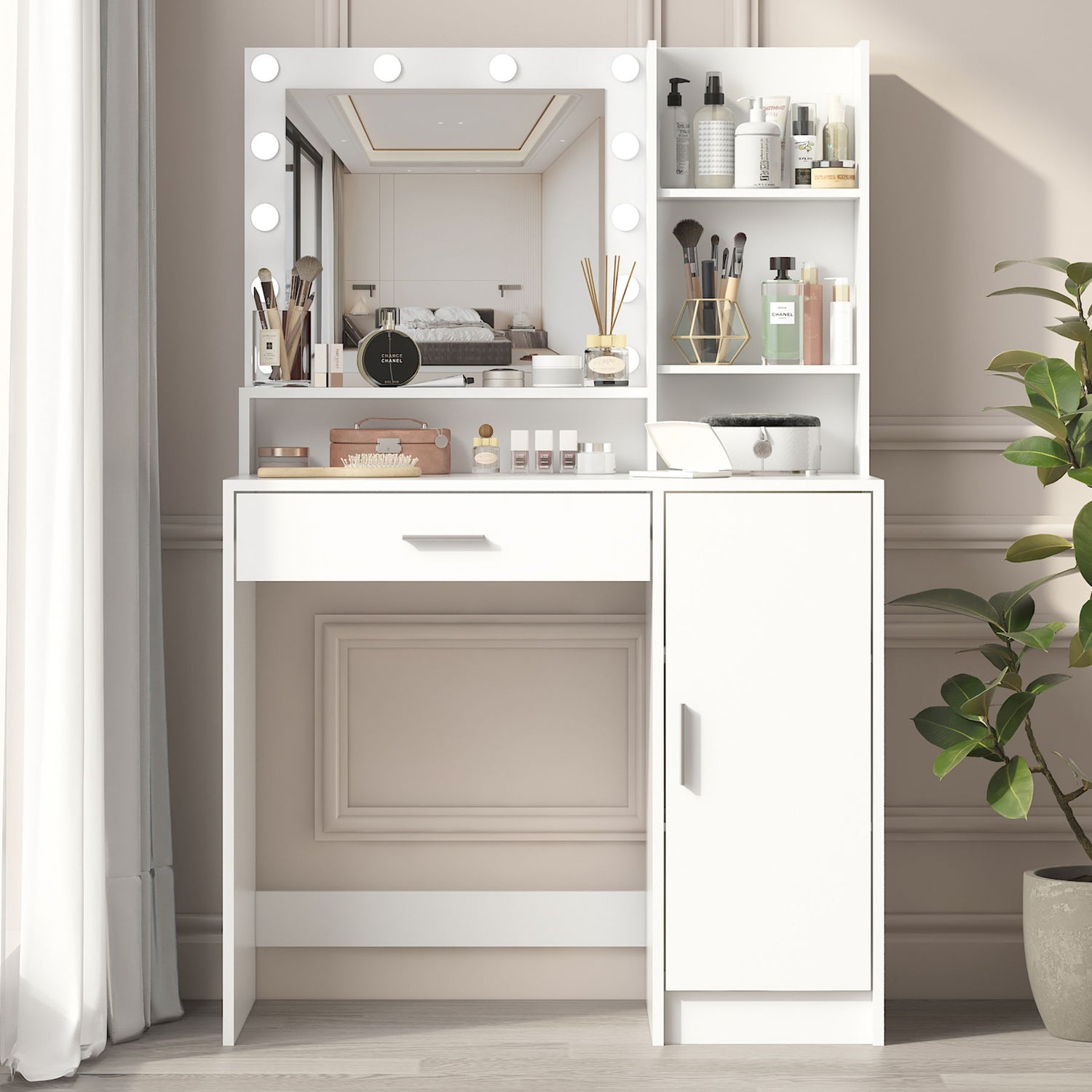 Vanity Desk With Mirror &amp; Light, Large Drawer Three Level Storage Dresser, 3 Lighting Modes Adjustable Brightness, Bedroom Dressing Table