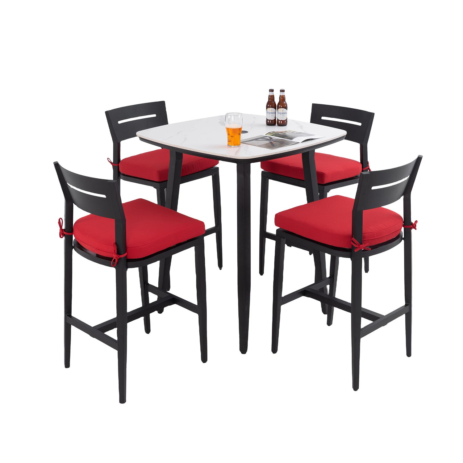 5 Pieces Outdoor Patio Bar Set, Rounded Square Table &amp; 4 Aluminum Bar Stools