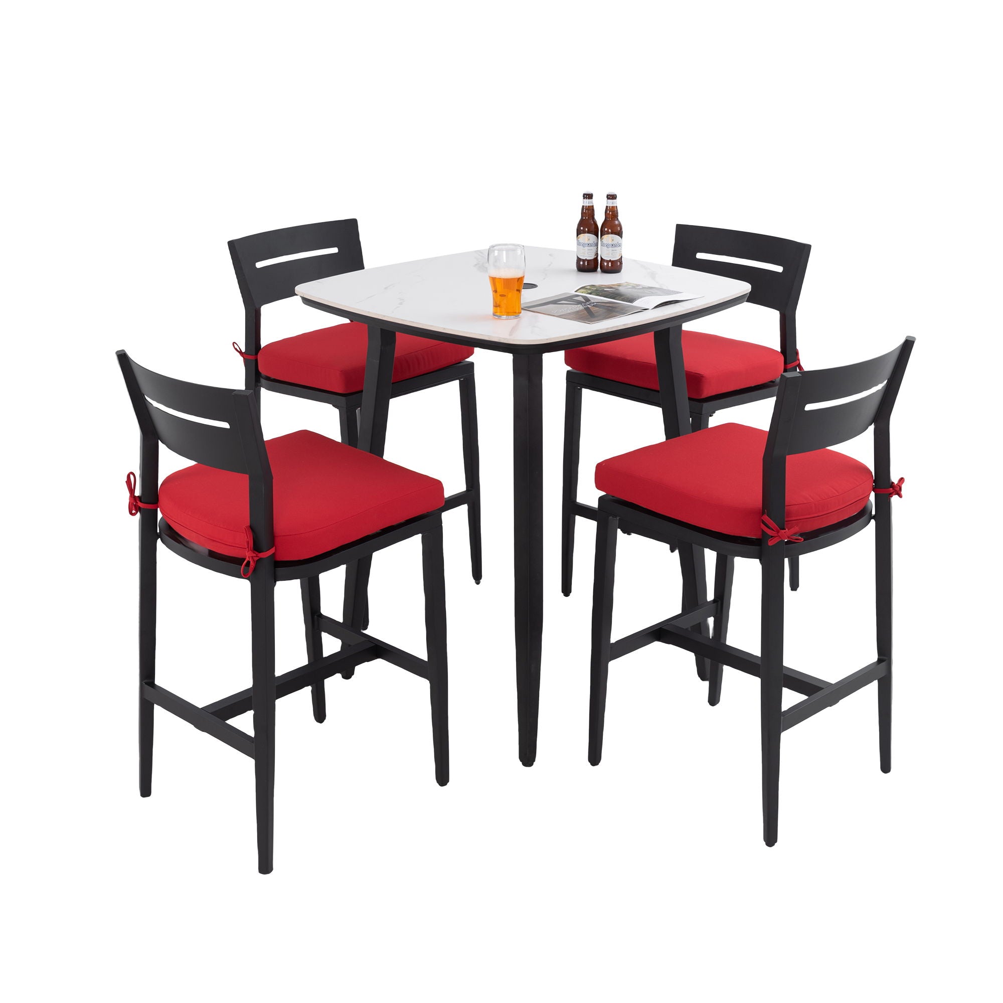 5 Pieces Outdoor Patio Bar Set, Rounded Square Table &amp; 4 Aluminum Bar Stools