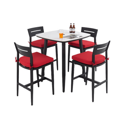 5 Pieces Outdoor Patio Bar Set, Rounded Square Table &amp; 4 Aluminum Bar Stools