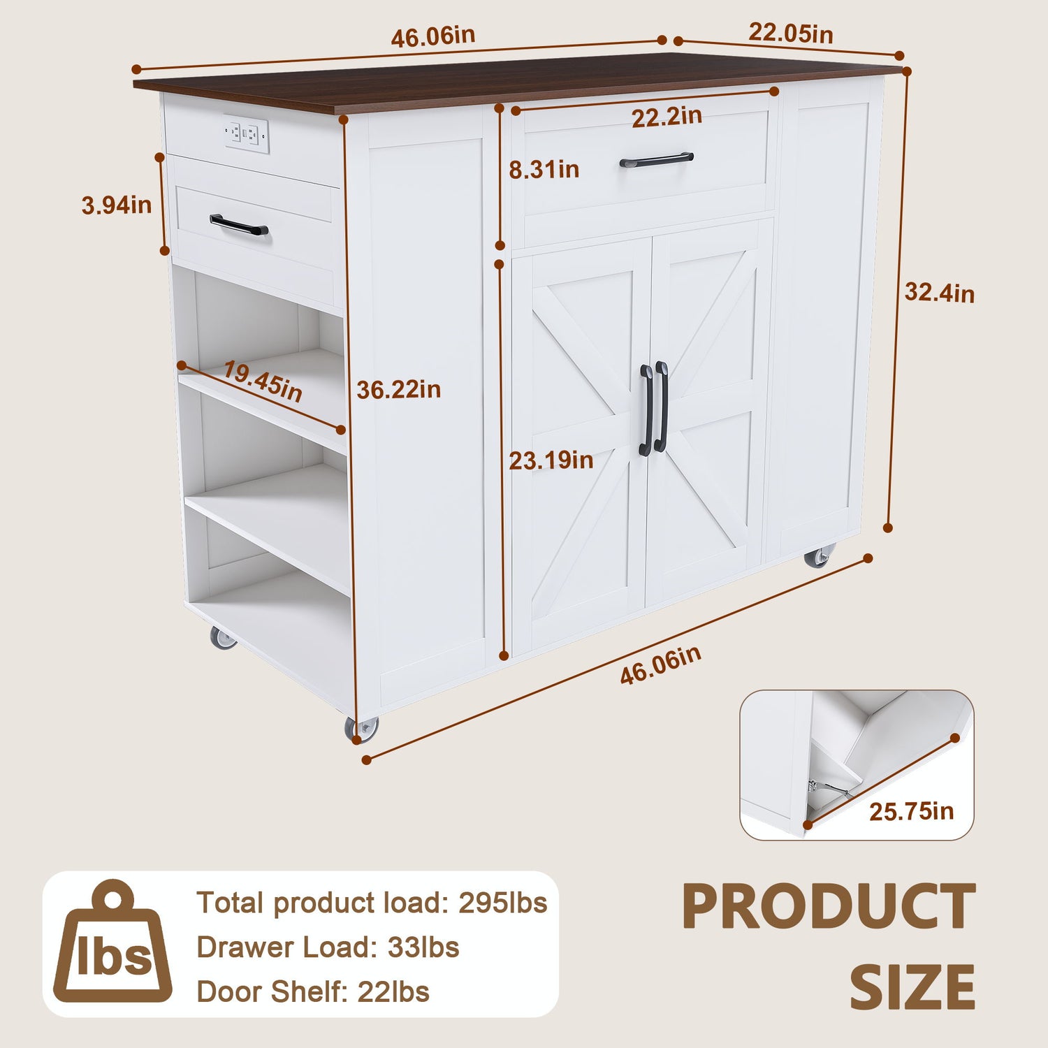 Rustic Movable Kitchen Island On Wheels With Storage &amp; Power Outlet - White