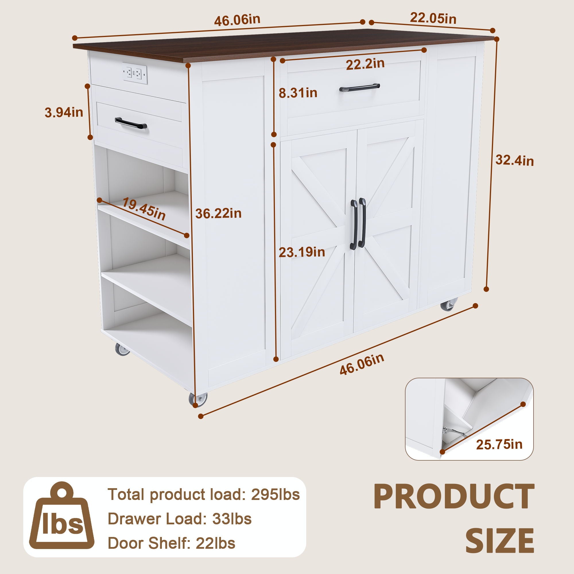 Rustic Movable Kitchen Island On Wheels With Storage &amp; Power Outlet - White