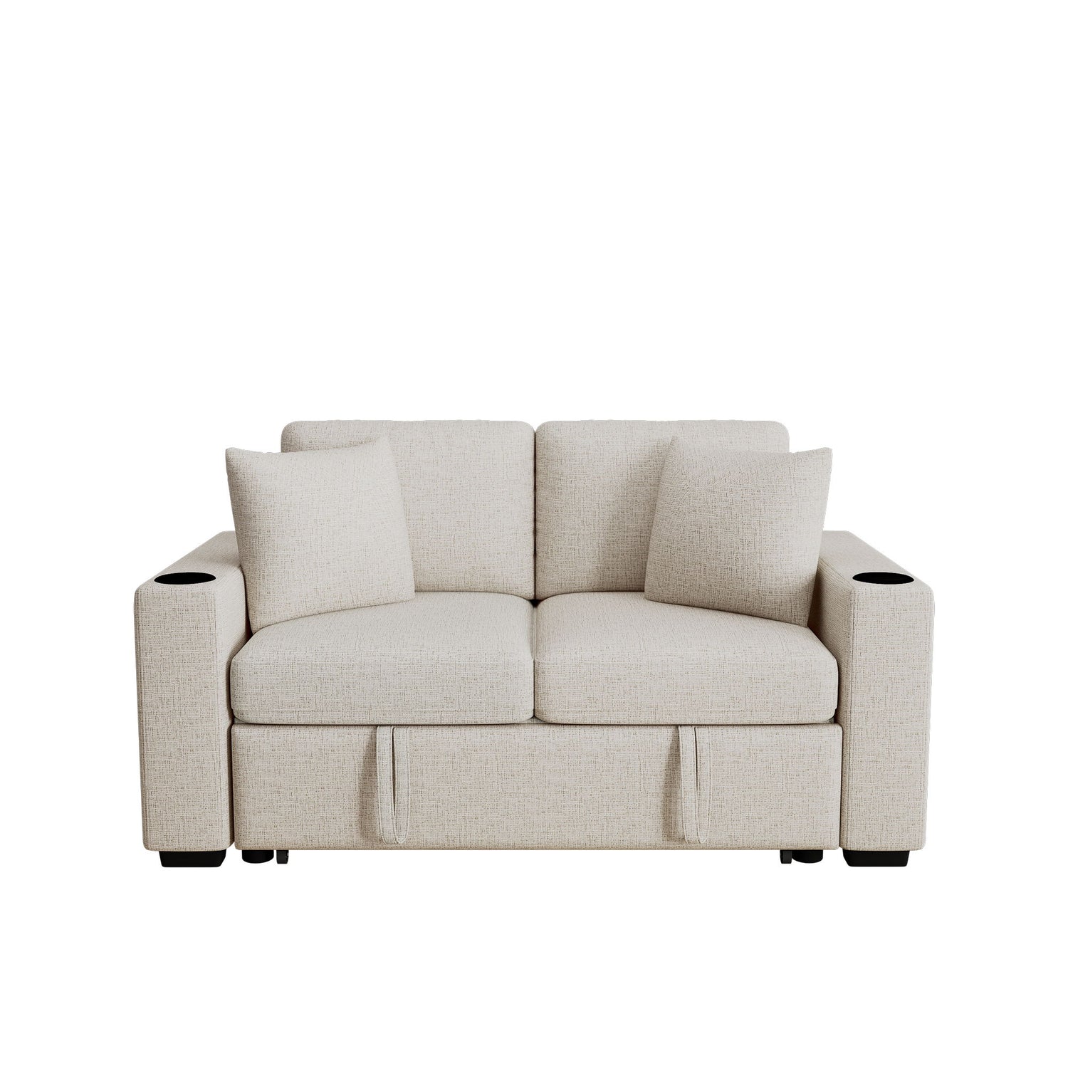 2 Seater Loveseat Sofa With Pull Out Bed, USB Charging, Dual Cup Holders - Beige