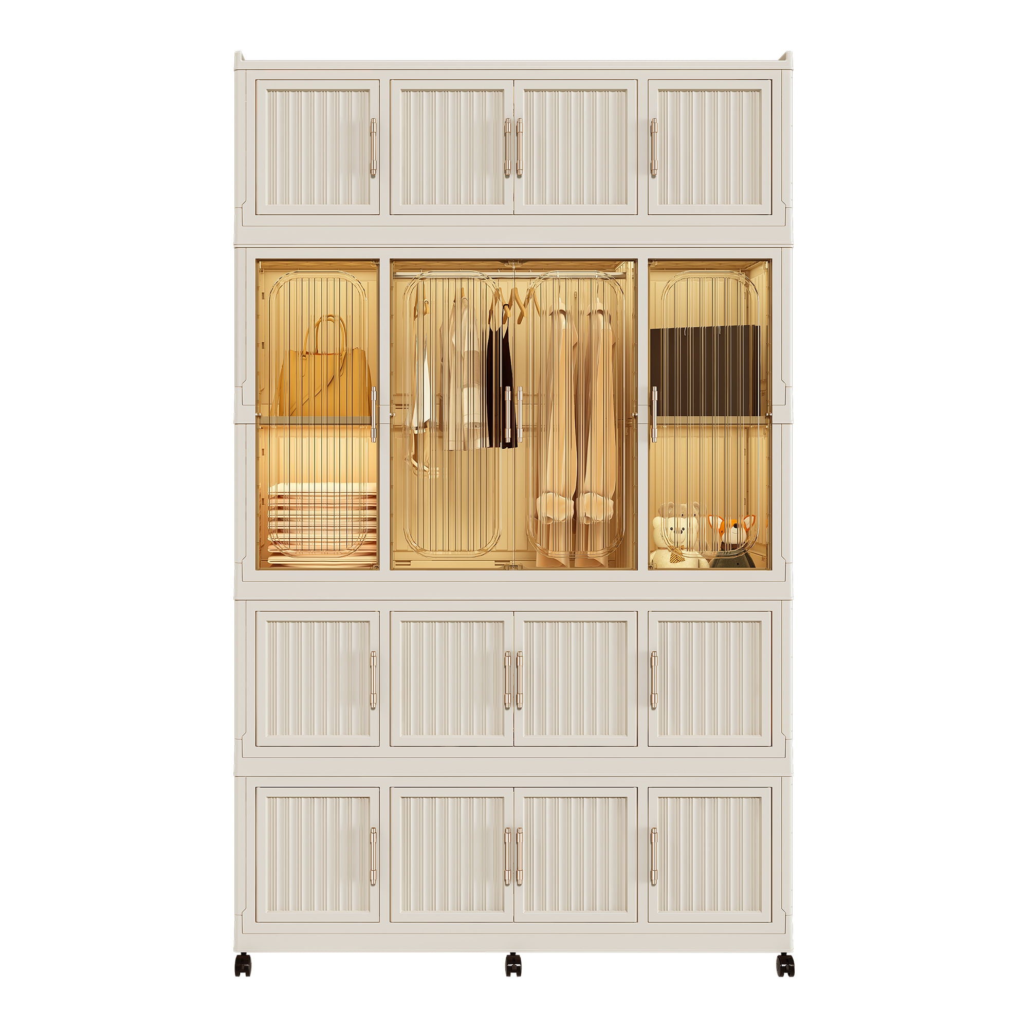 Portable Wardrobe Closet Storage Organizer With 17 Magnetic Doors, 17 Cubes, Hanging Rod &amp; 6 Hangers - Creamy White