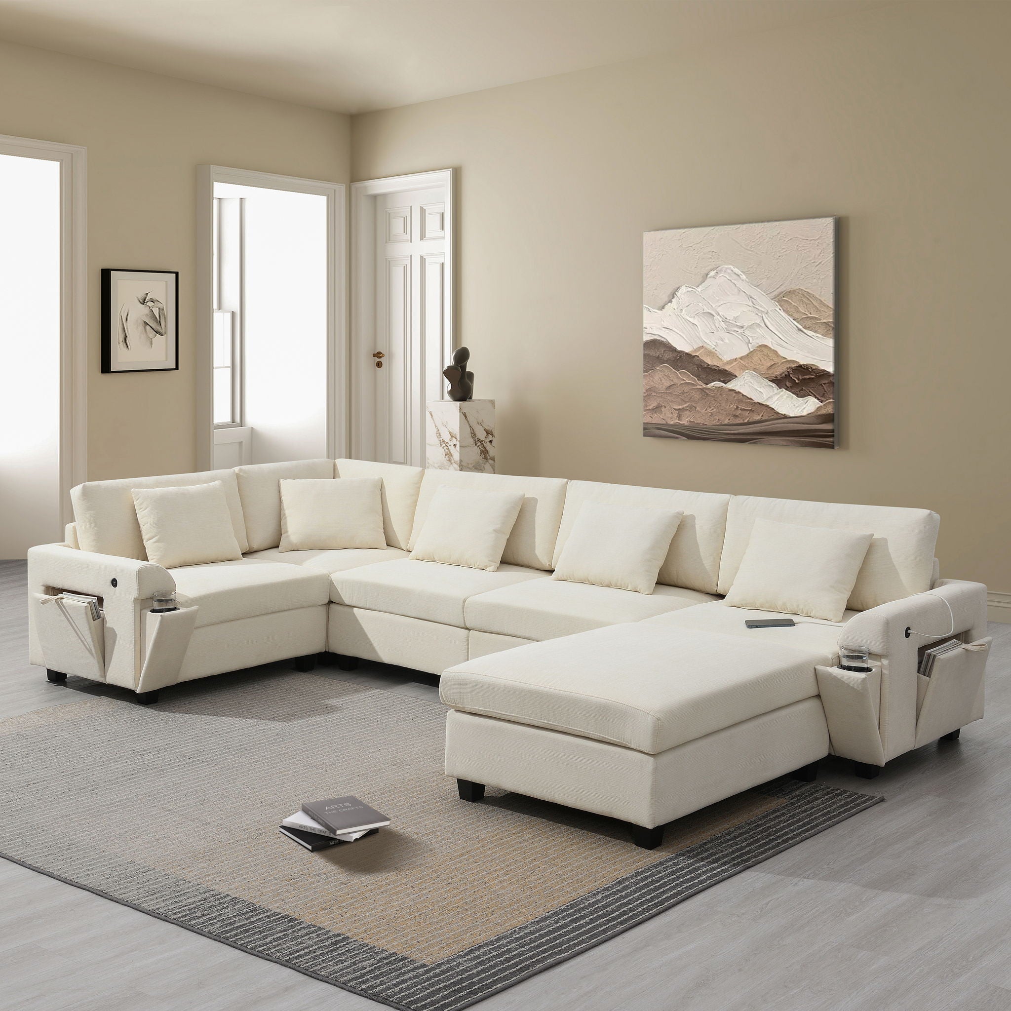 U Shaped Sectional Sofa 6 Seat Couch Set With Oversized Ottoman, Hidden Armrest Storage And Cup Holders USB Charging Ports Wide Seat Sofa