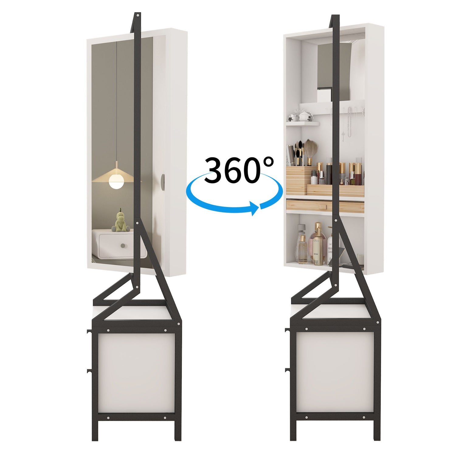 Modern Design Rotating Floor Standing Mirror Closet &amp; Spacious Storage Area - White