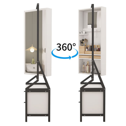 Modern Design Rotating Floor Standing Mirror Closet &amp; Spacious Storage Area - White