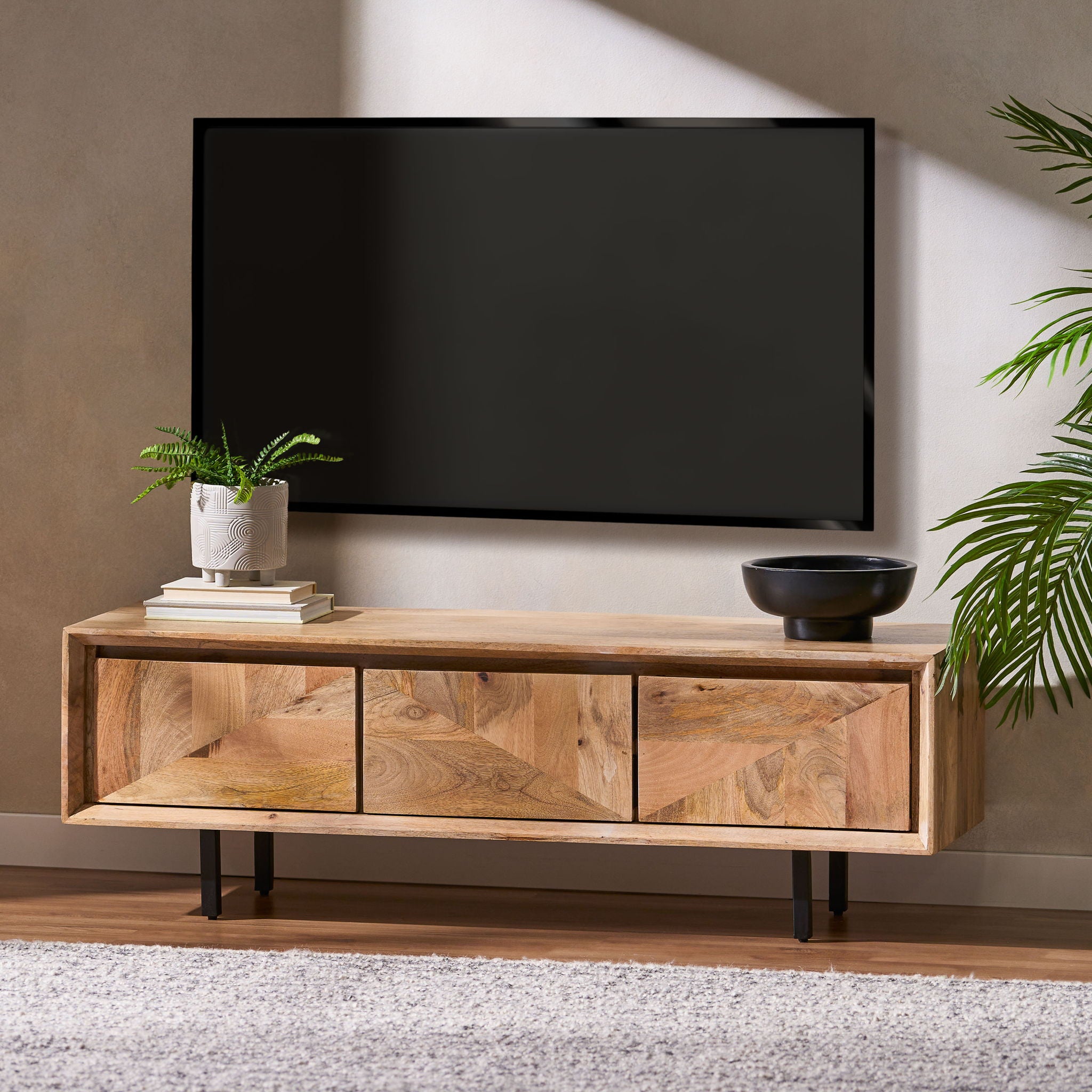 TV Stand With 3 Cabinets For TVs Up To 59&quot; - Natural