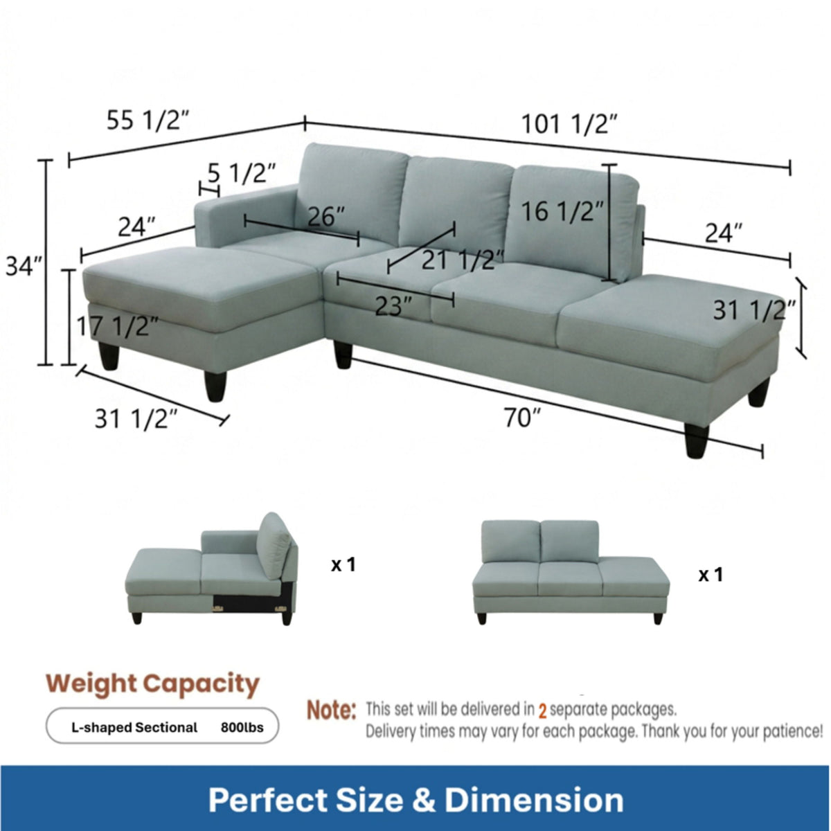 L - Shaped Sectional Sofa With Left Chaise &amp; Ottoman - Pale Green