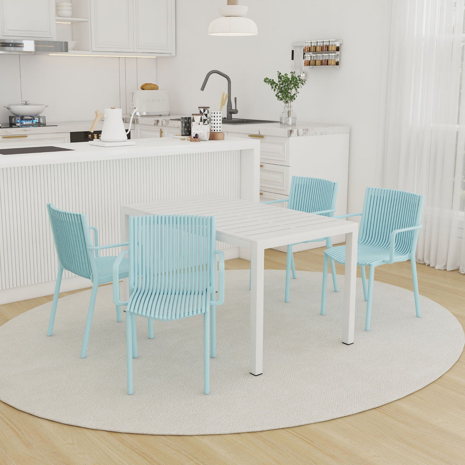 4 Modern Stackable Armchair Matched With Long Table