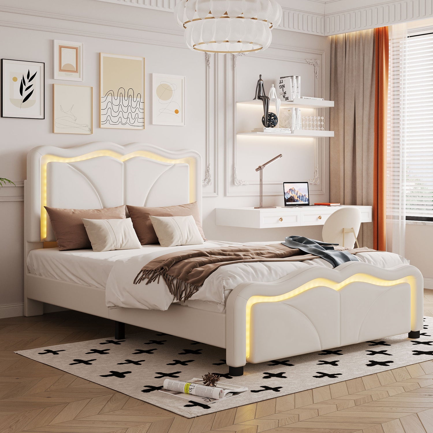 Upholstered Platform Bed &amp; Curve Shaped And Height Adjustable Headboard, LED Light Strips