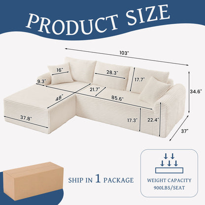 Modular Corduroy Sectional With Arched Armrests, Includes 3 Back Cushions &amp; 2 Throw Pillows