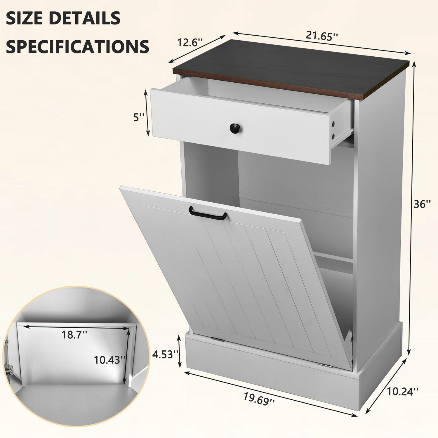 Tilt Out Trash Cabinet With Drawer, 10 Gallon Hamper - White