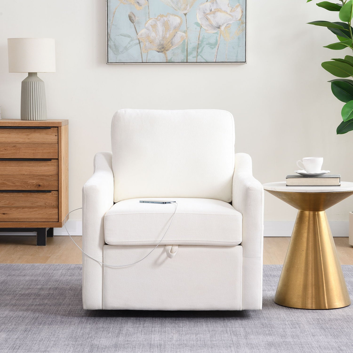 Swivel Arm Chair With USB Type-C Charging And Book Pocket