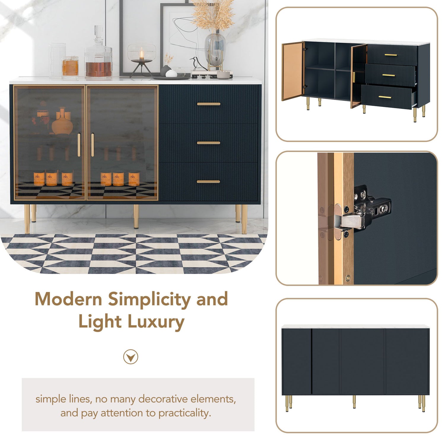 Modern Sideboard Buffet Cabinet Marble Sticker Tabletop And Amber-Yellow Tempered Glass Doors With Gold Metal Legs &amp; Handles