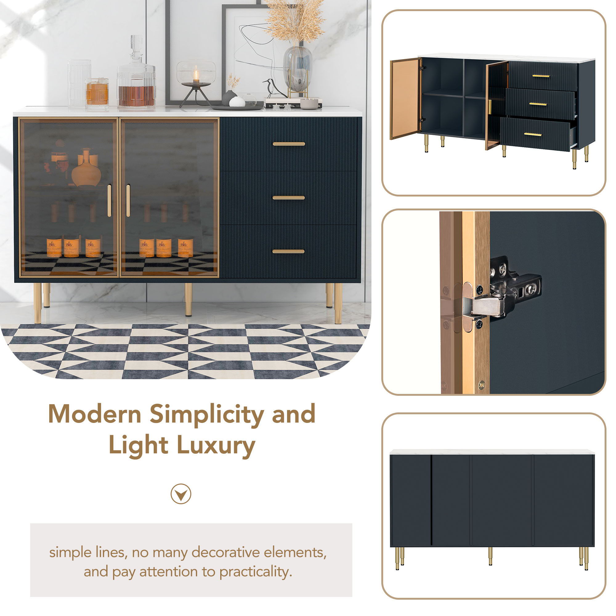 Modern Sideboard Buffet Cabinet Marble Sticker Tabletop And Amber-Yellow Tempered Glass Doors With Gold Metal Legs &amp; Handles