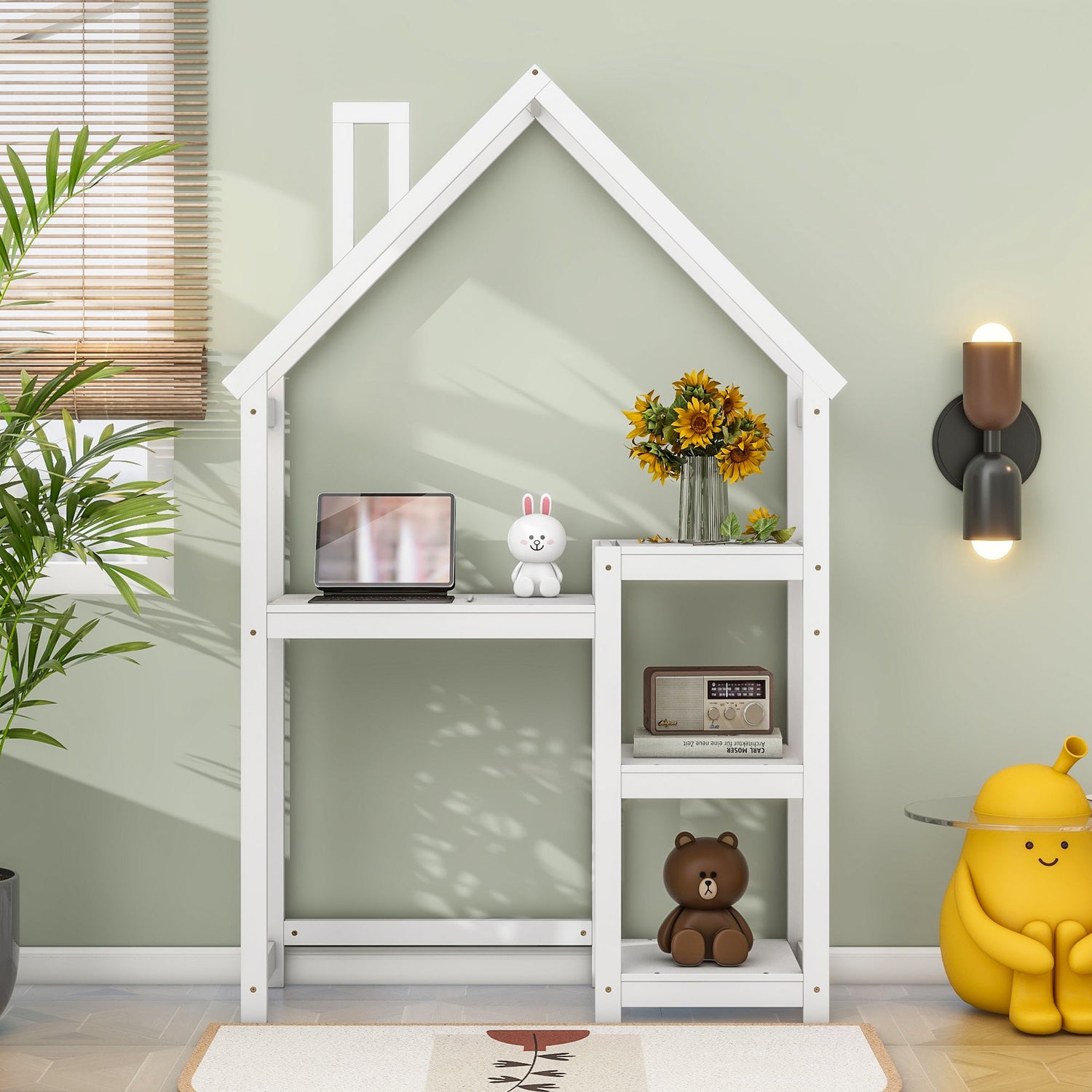 House-Shaped Wooden Writing Desk, Kids Study Table, Bookshelf &amp; Toy Storage
