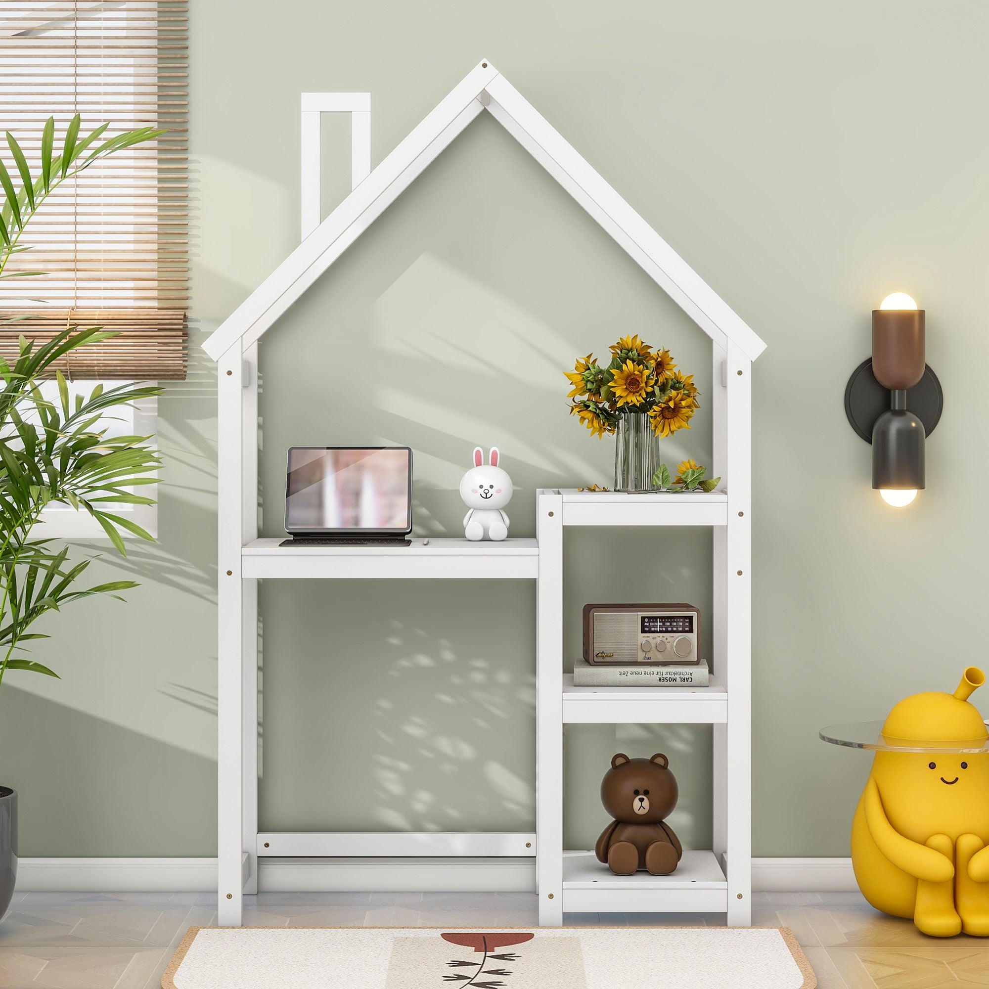 House-Shaped Wooden Writing Desk, Kids Study Table, Bookshelf &amp; Toy Storage