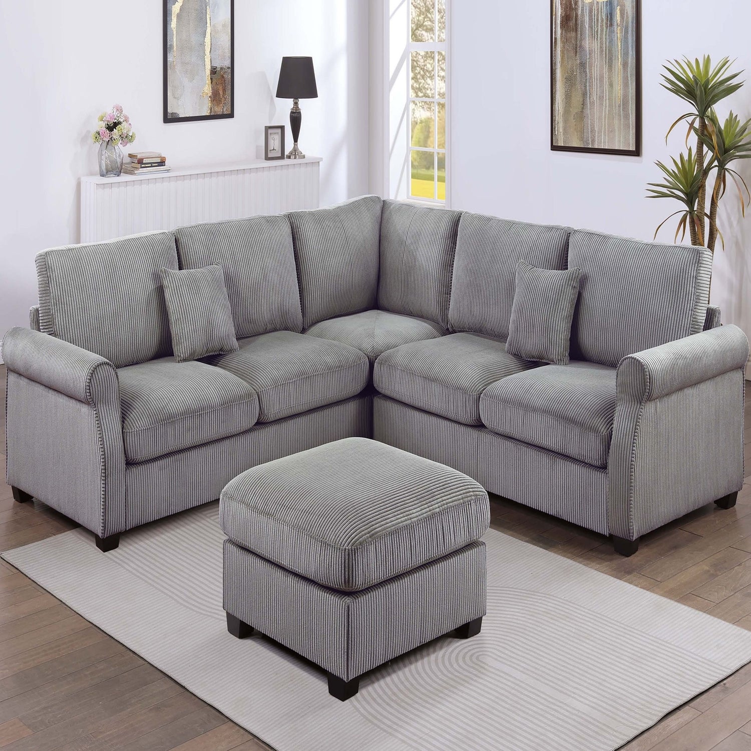 Modern Sectional Set With Corner Wedge, Loveseat, Ottoman &amp; 2 Pillows